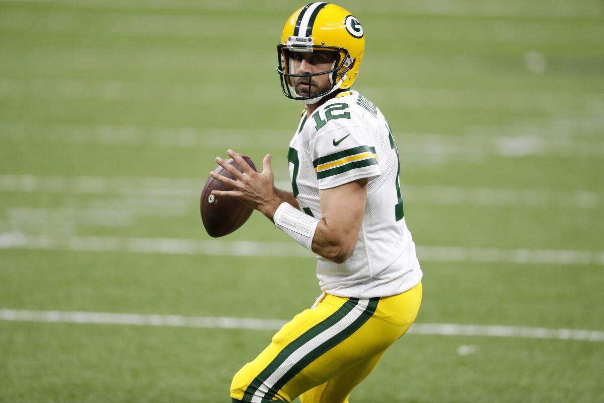 Green Bay Packers quarterback Aaron Rodgers passes against the New Orleans Saints on Sept. 27.