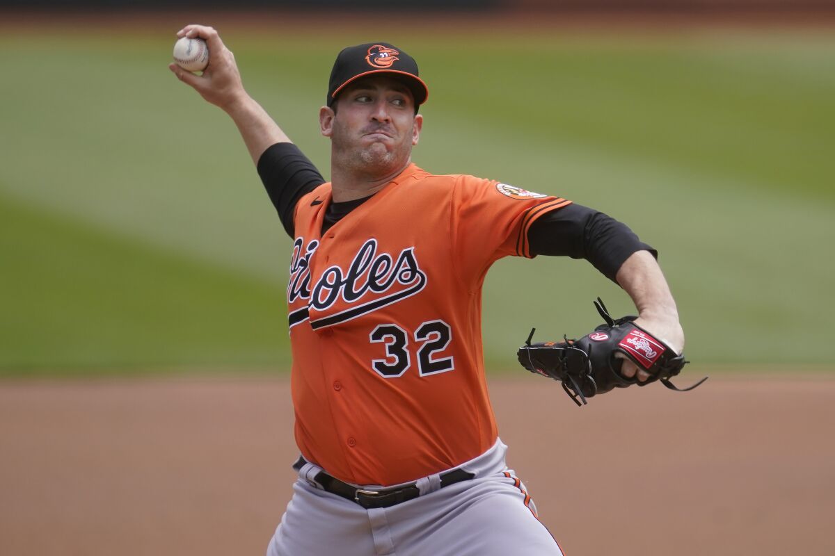 Baltimore Orioles Matt Harvey pitches against the Oakland Athletics during the first inning of a baseball game in Oakland, Calif., Saturday, May 1, 2021. (AP Photo/Jeff Chiu)
