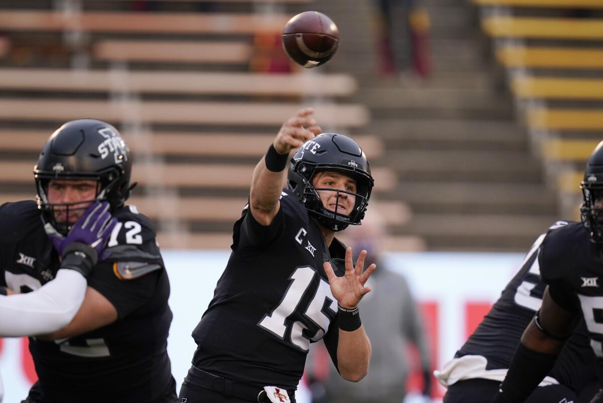 Iowa State quarterback Brock Purdy throws a pass against Kansas State on Nov. 21, 2020.