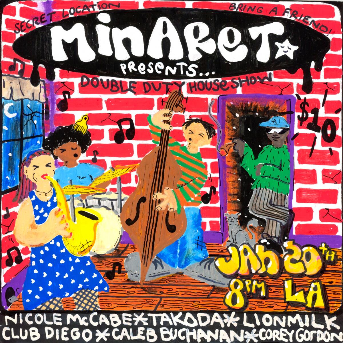 A colorful flier showing people playing instruments in front of a red brick wall with artists' names across the bottom.