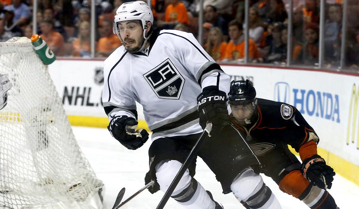Kings defenseman Drew Doughty, beating Ducks forward Andrew Cogliano to the puck in a playoff game last season, has no set timetable for his return to the ice this preseason.