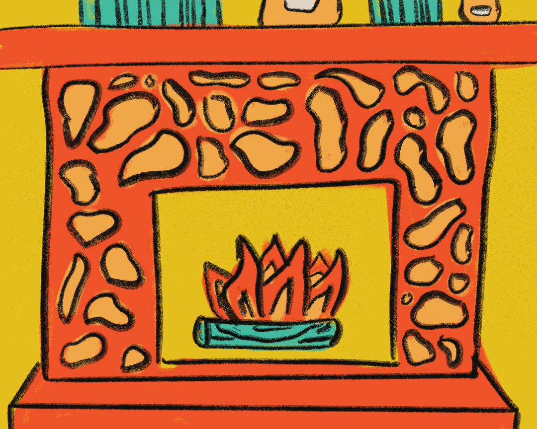 Animated illustration of a fireplace with a fire burning in it