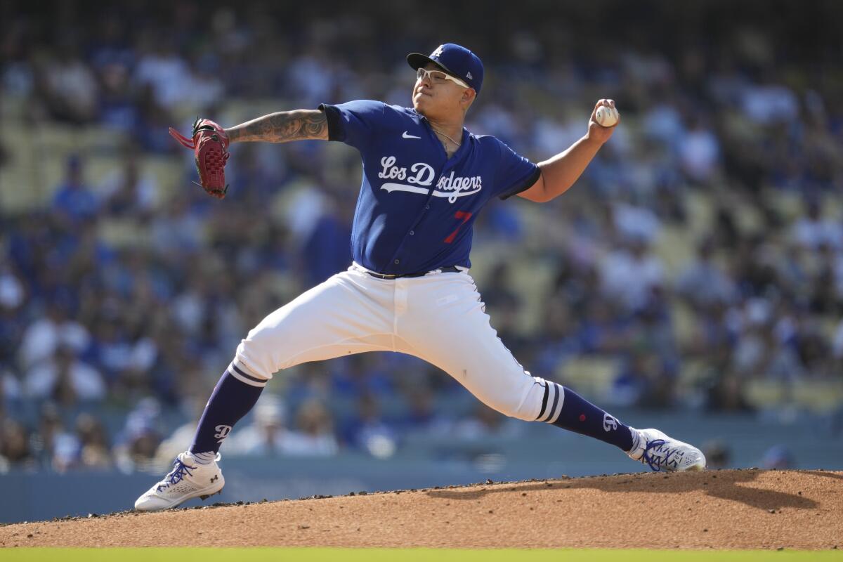 Dodgers starter Julio Urías delivers during the second inning against San Diego on May 13, 2023. 