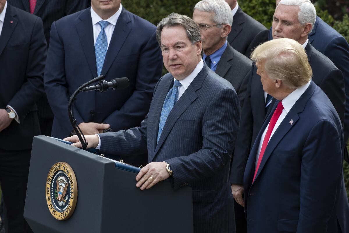 Stephen Rusckowski, CEO of Quest Diagnostics, discusses the coronavirus at a White House news conference March 13.