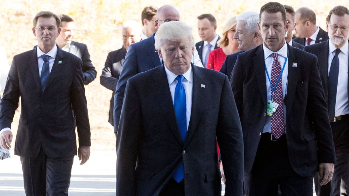President Donald J. Trump leaves after a ceremony at the NATO summit in Brussels, Belgium on May 25.