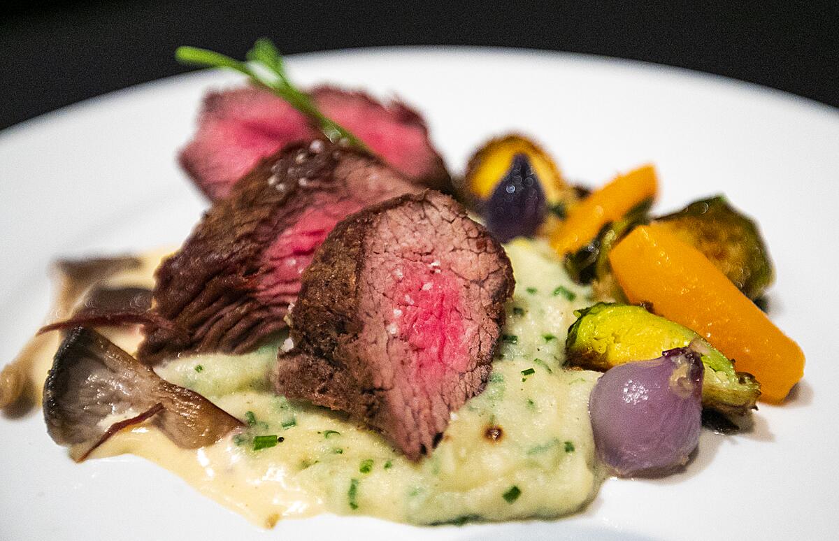 Seared bistro filet with celery root.