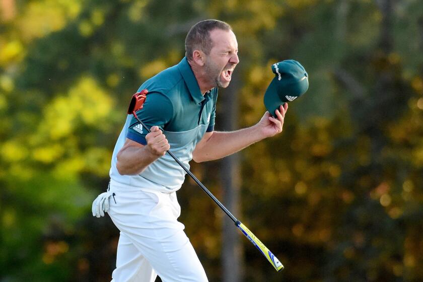 Sergio Garcia of Spain celebrates after winning the Masters golf tournament in a playoff on Sunday at Augusta National Golf Club.