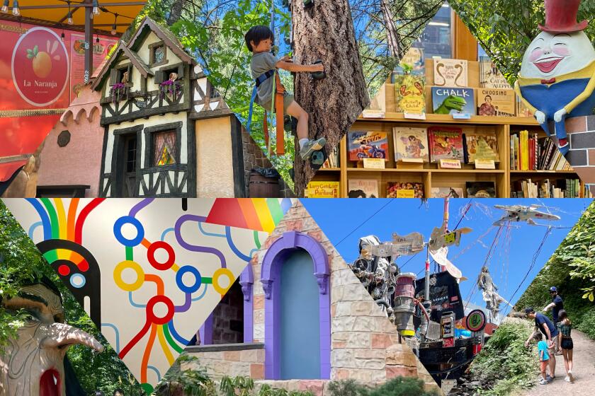 A collage of triangular photos including a castle, library, mural, food truck, humpty dumpty statue and a child tree climbing