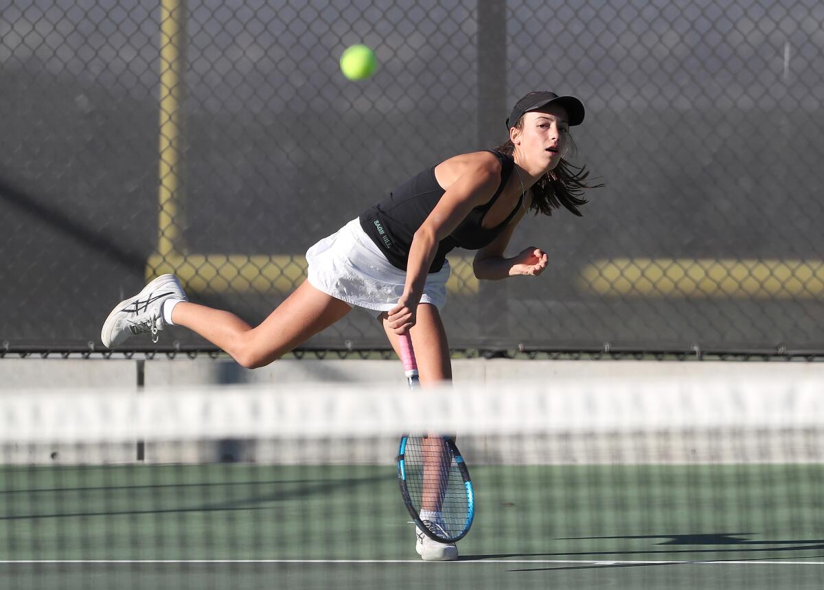 Sage Hill's Alexia Beyrath hits a serve during Thursday's match against St. Margaret's.