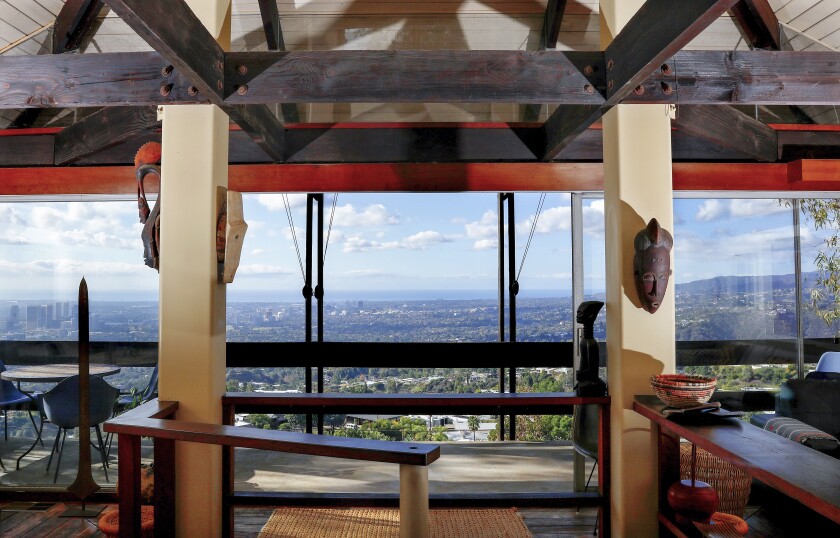 The woody living room in Bernard Judge's Tree House shows expansive views of L.A.