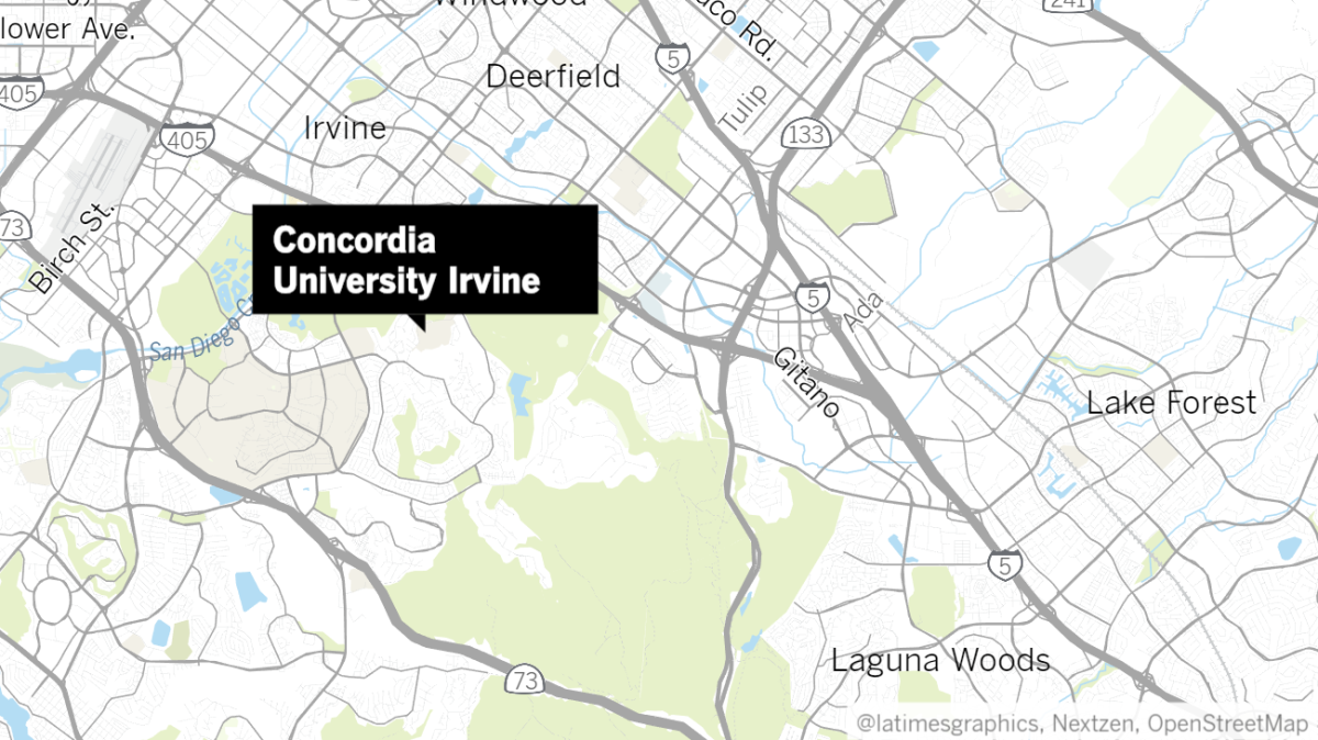 A map shows the location of Concordia University in Irvine.