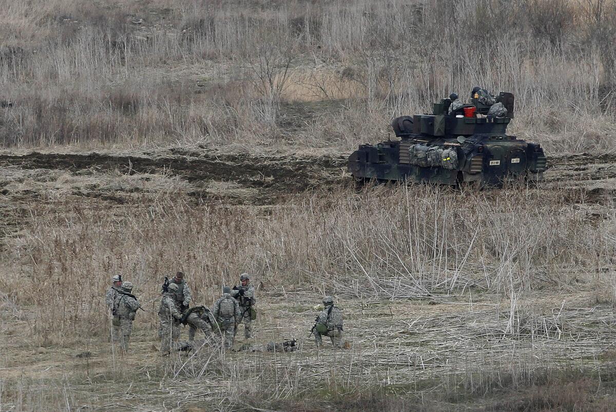 U.S. Army soldiers conduct annual military drills in Yeoncheon, South Korea, near the border with North Korea, on Tuesday.