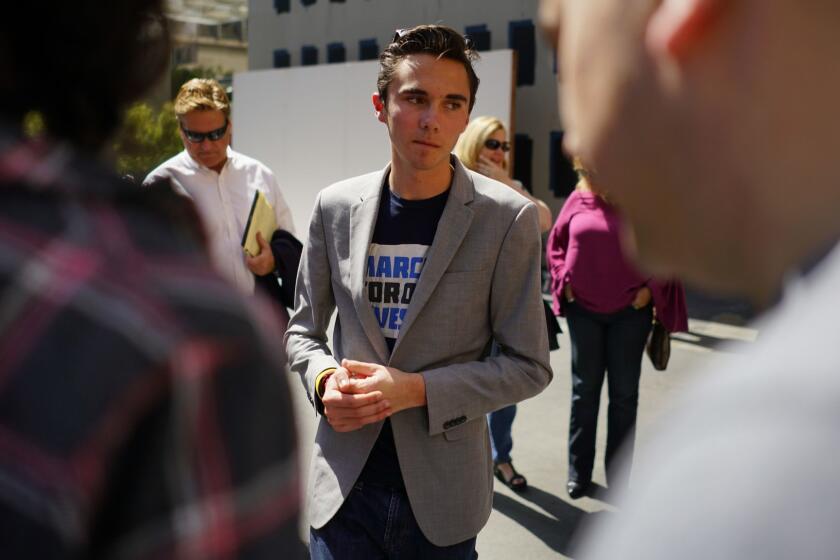 LOS ANGELES, CALIF. - APRIL 07: Parkland survivor David Hogg speaks with well wishers at The Standard in downtown Los Angeles on Saturday, April 7, 2018 in Los Angeles, Calif. (Kent Nishimura / Los Angeles Times)