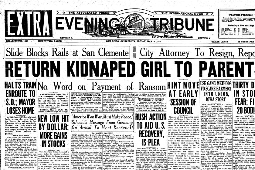 Top half of the front page of the Evening Tribune,  May 5, 1933.