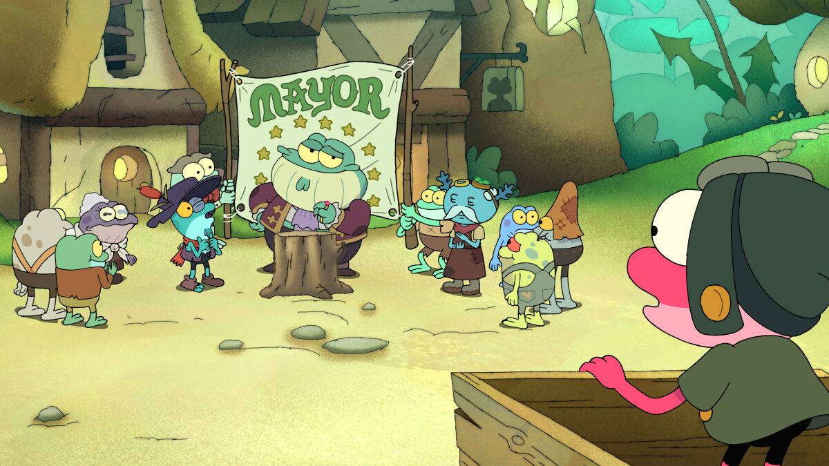 Mayor Toadstool holds a rally in a scene from the animated "Amphibia."