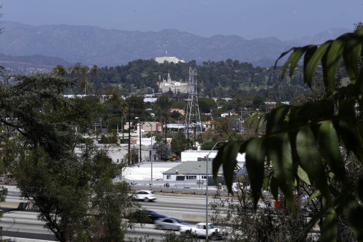 Views of the 5 Freeway and in the distance Forest Lawn Memorial Park are seen from the trail.
