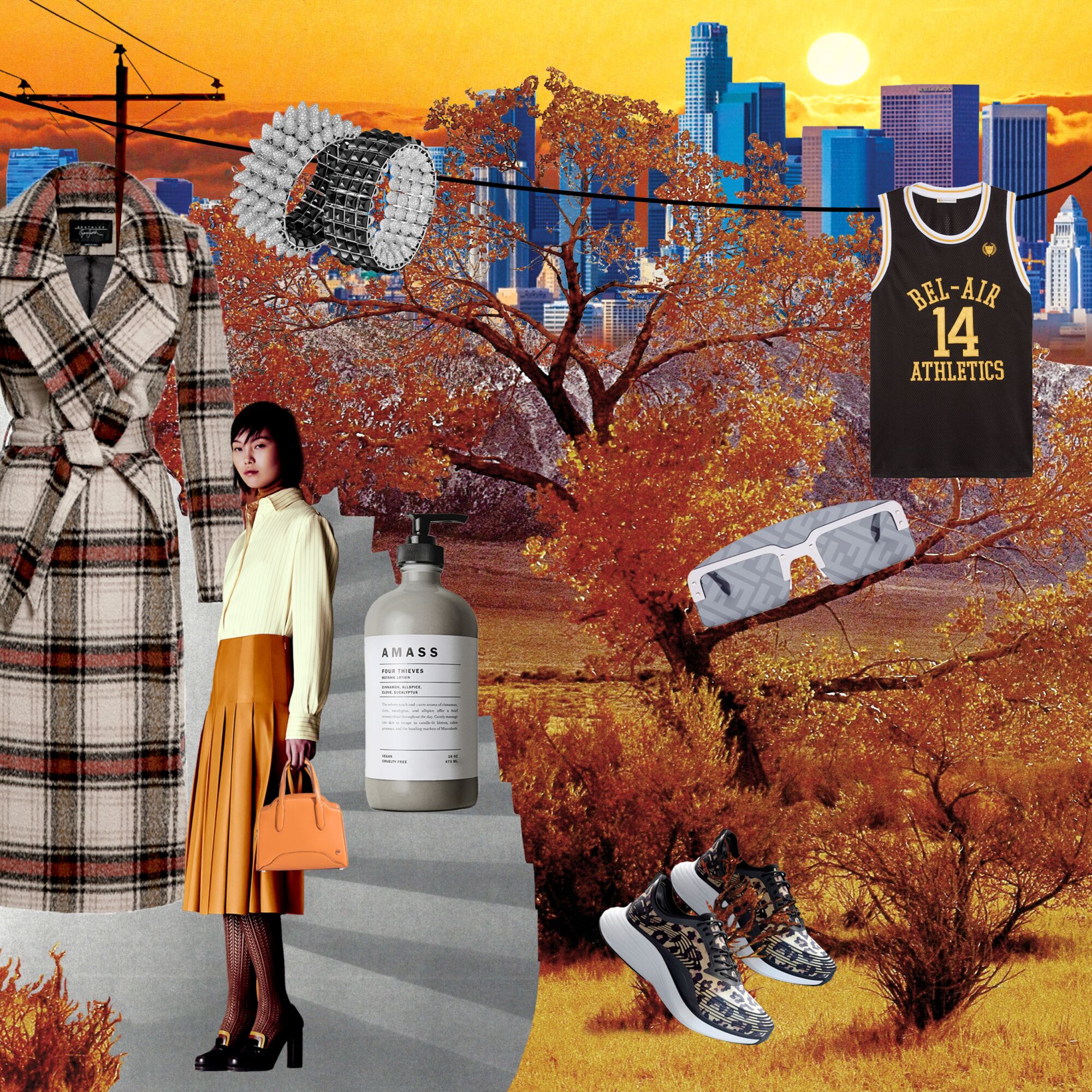 Collage of a woman, shoes, apparel