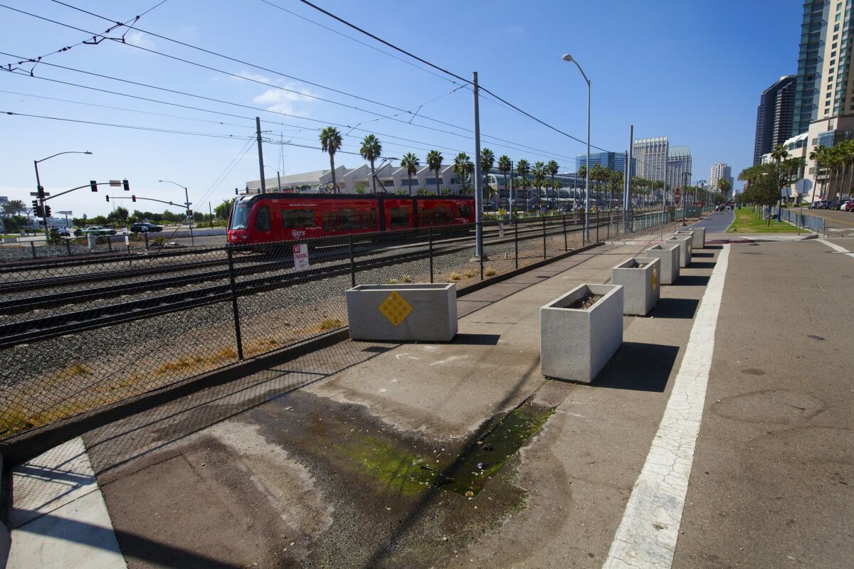 The former Eighth Avenue rail crossing to Harbor Drive was moved to align with the new extension to Park Boulevard about 15 years ago. Vehicular traffic has been banned ever since, pending installation of safety measures. UT/Christian Rodas