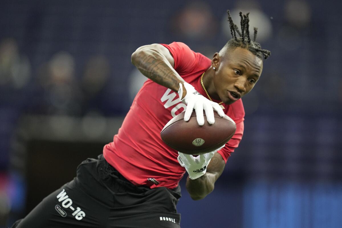 Boston College wide receiver Zay Flowers makes a catch at the scouting combine.