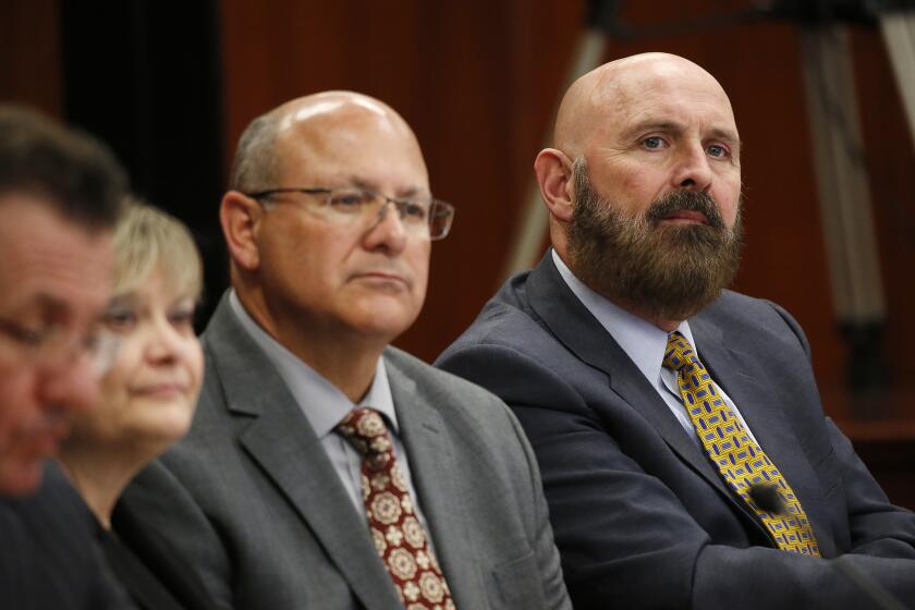 LOS ANGELES, CA - FEBRUARY 12, 2019 David H. Wright, General Manager of the Los Angeles Department of Water and Power (LADWP), the nation’s largest municipally-owned utility, and Marty Adams during a a meeting at Department of Water and Power headquarters Tuesday, February 12, 2019 were Los Angeles Mayor Eric c Garcetti announced that the Department of Water and Power won’t spend billions of dollars rebuilding three gas-fired power plants along the coast. (Al Seib / Los Angeles Times)