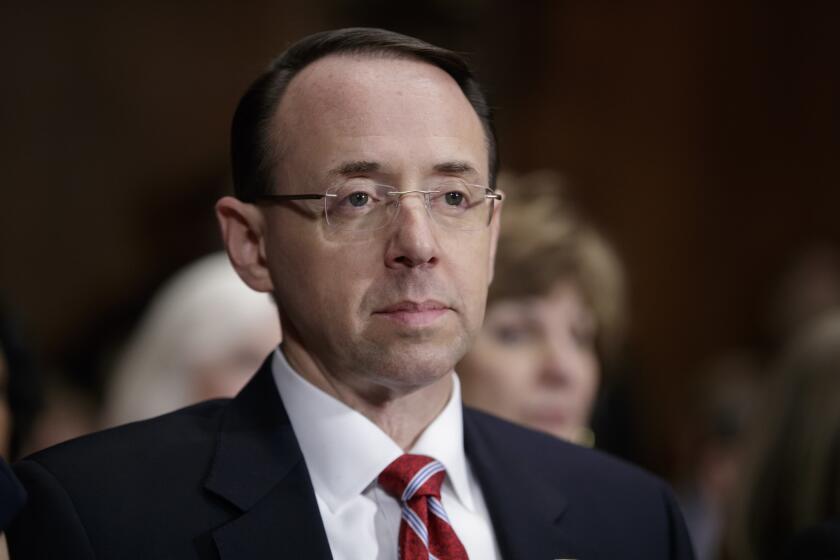 Rod Rosenstein is shown during his confirmation hearing to be deputy attorney general on March 7.