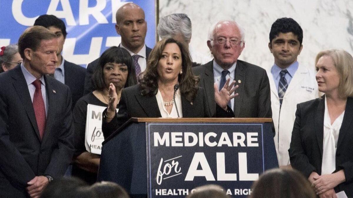 Sen. Kamala Harris speaks about the Medicare for All Act of 2017 alongside other U.S. senators and supporters of the proposal in Washington on Sept. 13, 2017.