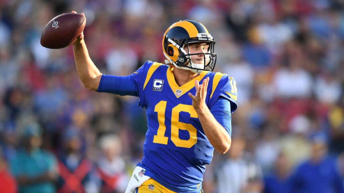 Rams quarterback Jared Goff throws a pass against the Vikings.