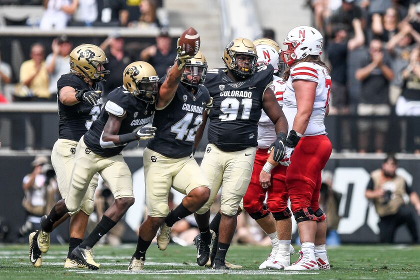 BOULDER, CO - SEPTEMBER 7: Linebacker Nu'umotu Falo Jr. #42 of the Colorado Buffaloes celebrates after a second quarter fumble recovery against the Nebraska Cornhuskers at Folsom Field on September 7, 2019 in Boulder, Colorado. (Photo by Dustin Bradford/Getty Images) ** OUTS - ELSENT, FPG, CM - OUTS * NM, PH, VA if sourced by CT, LA or MoD **