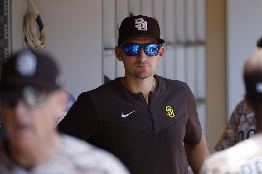 SAN DIEGO, CA - JUNE 12: Ryan Flaherty managed the San Diego Padres for the second straight game against the Colorado Rockies' with manager Bob Melvin out at Petco Park on Sunday, June 12, 2022 in San Diego, CA. (K.C. Alfred / The San Diego Union-Tribune)