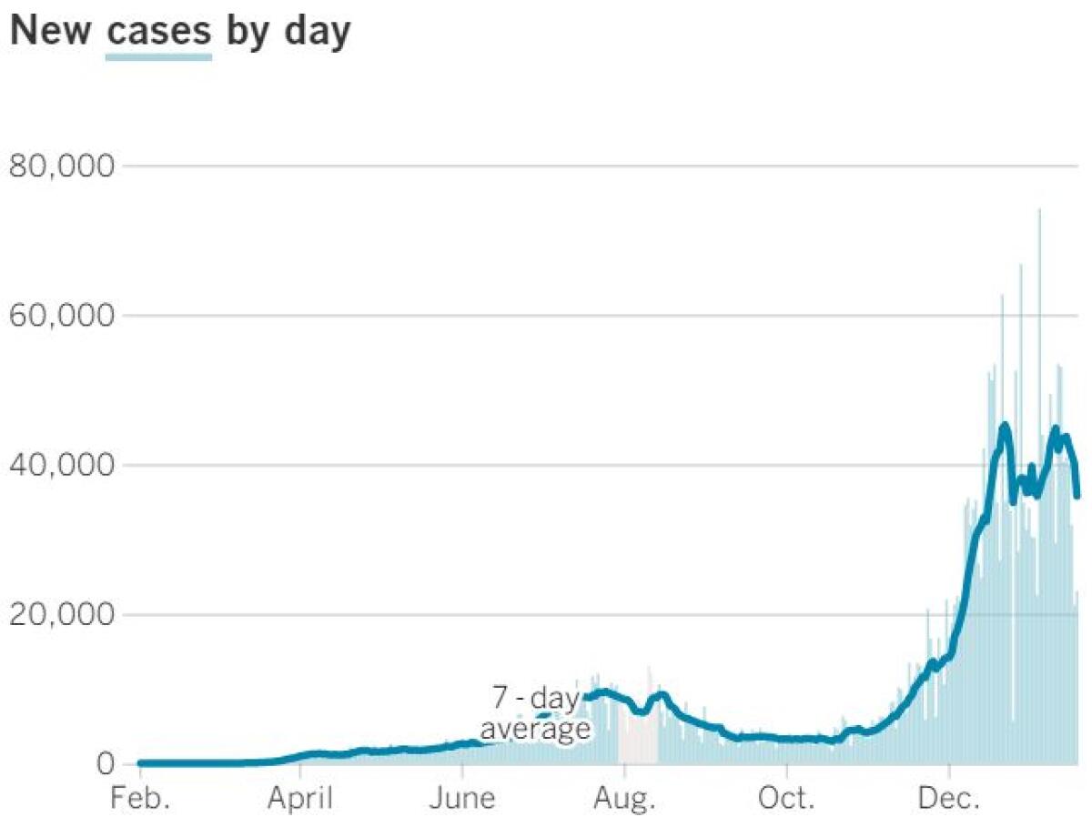 A chart showing new daily coronavirus cases in California, with a small bump in summer and a big surge starting in December.