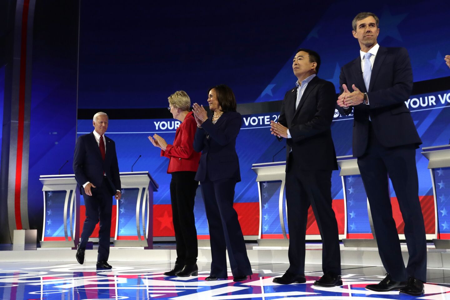 From left, Joe Biden, Elizabeth Warren, Kamala Harris, Andrew Yang and Beto O'Rourke before the debate.
