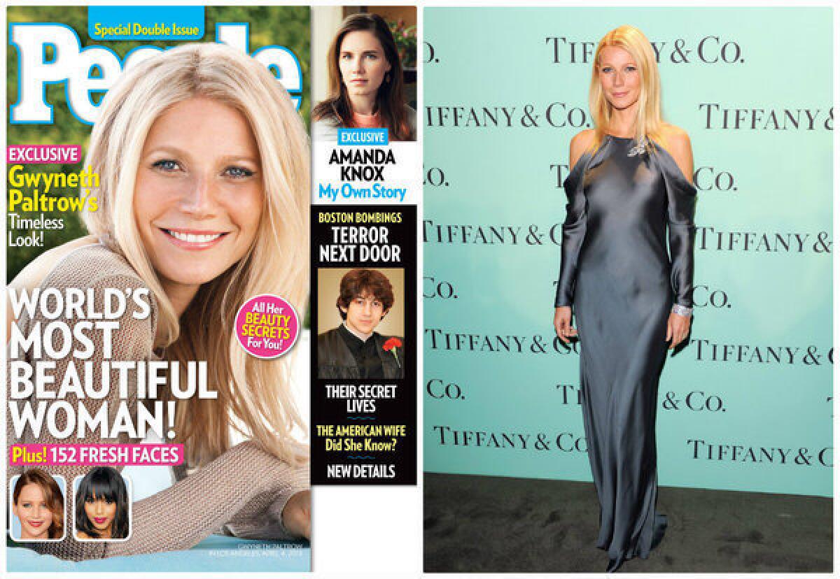 Gwyneth Paltrow is proclaimed the World's Most Beautiful Woman on the cover of People's May 3 issue, left, and at the Tiffany & Co. Blue Book Ball in New York last Thursday.