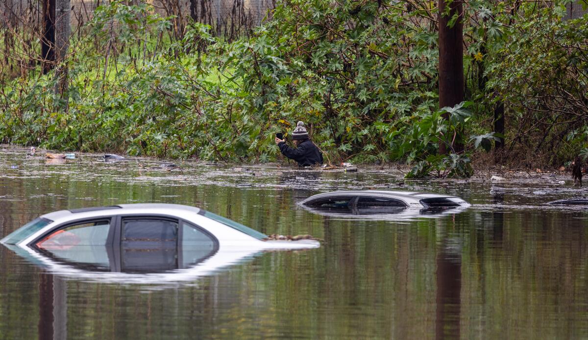 A man swims chest-deep through flood waters with his cellphone near cars that are submerged.