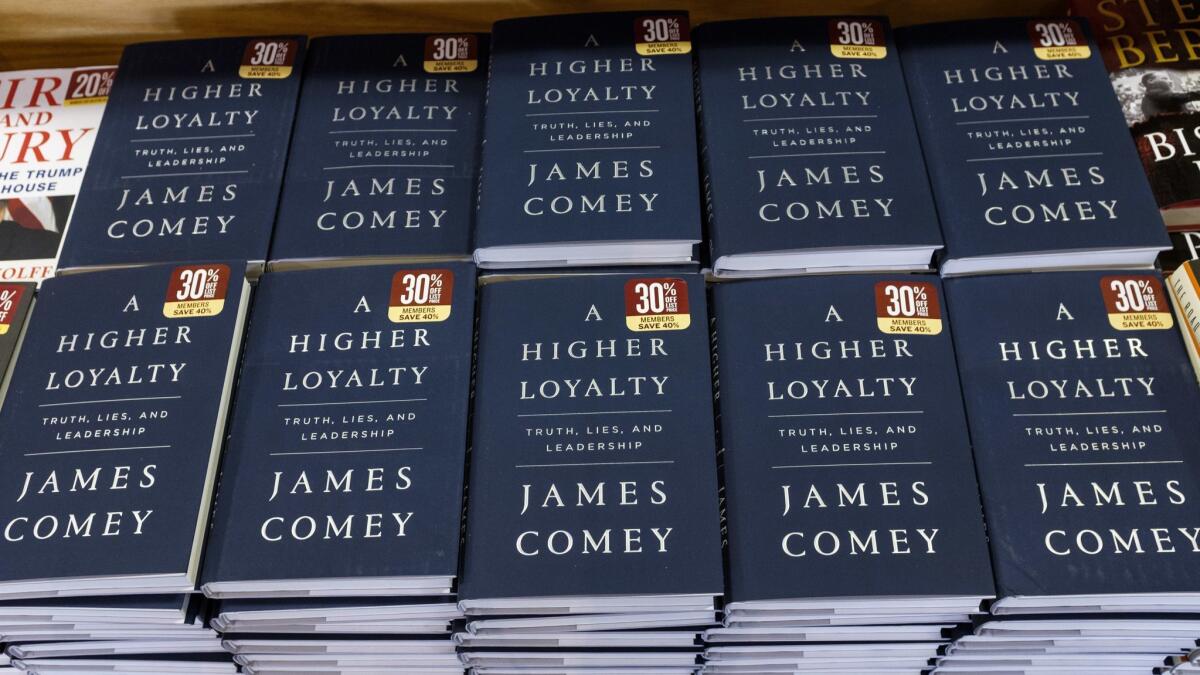 Stacks of James Comey's book "A Higher Loyalty" on display April 17, 2018, the day it went on sale.