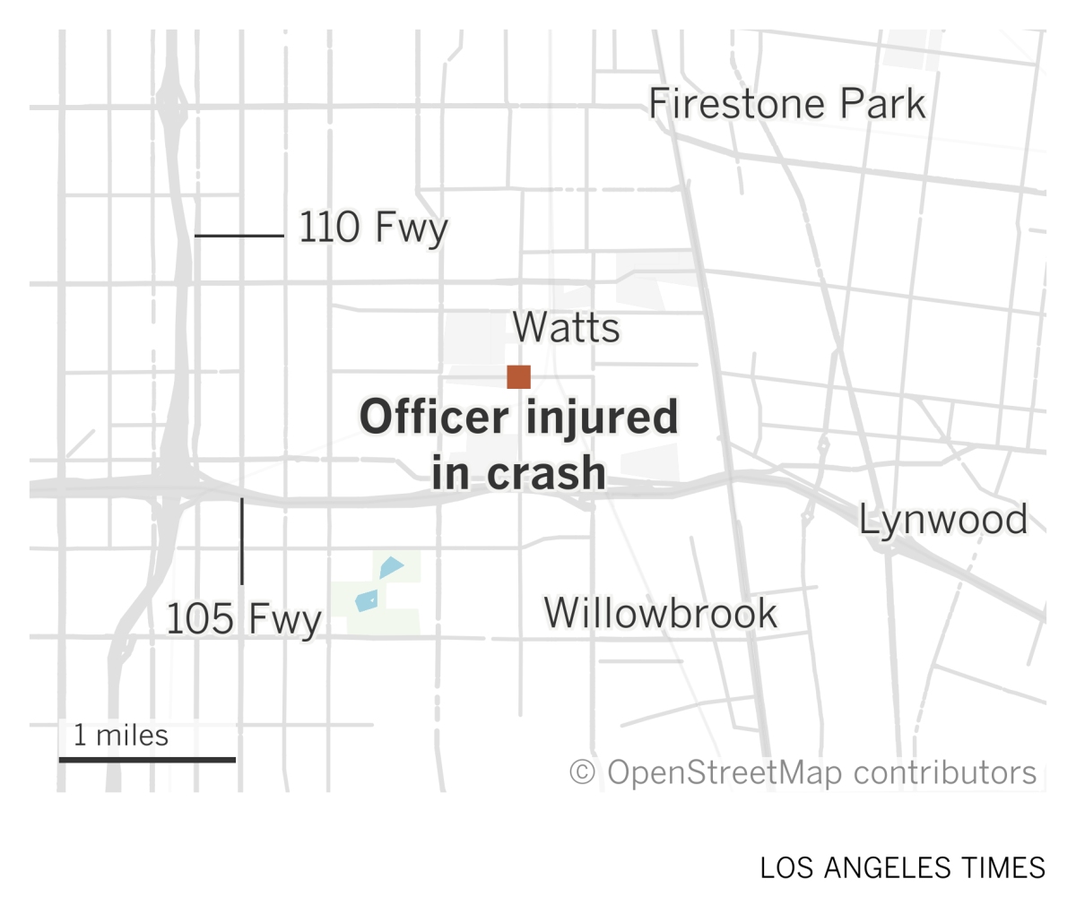 A map shows the location of a crash that left one officer injured in Watts