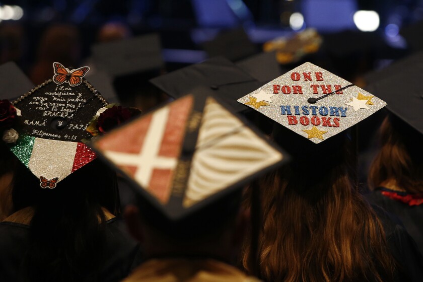 Decorative mortar boards at Vanguard University's Class of 2022 graduation ceremony Thursday at Mariners Church in Irvine.