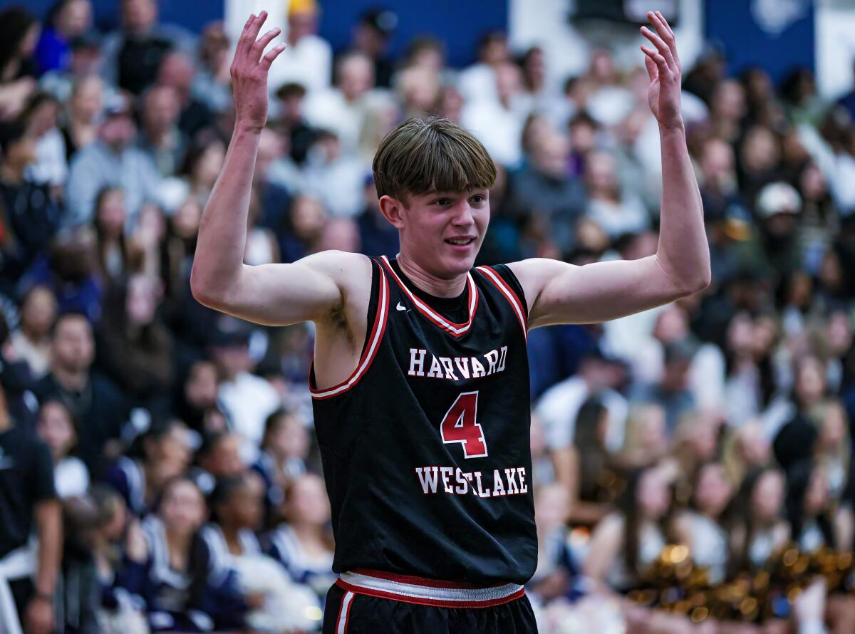 Nikolas Khamenia of Harvard-Westlake shows some emotion during the Wolverines' 73-63 win over Sherman Oaks Notre Dame.
