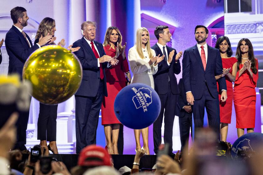 Milwaukee, WI - July 18: Former President Trump celebrates after accepting the nomination on Thursday night at the Republican National Convention on Thursday, July 18, 2024 in Milwaukee, WI. (Jason Armond / Los Angeles Times)