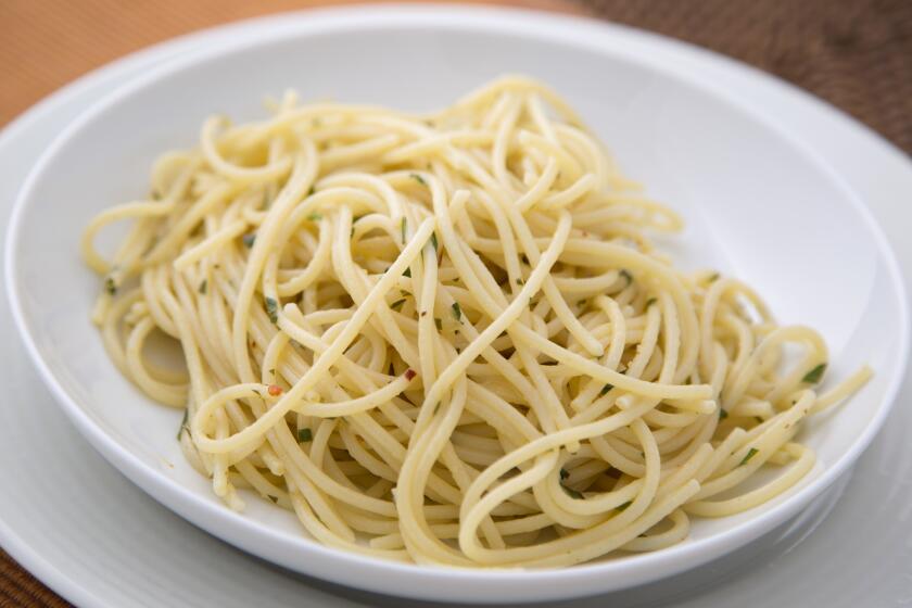 The simple pasta dish aglio e olio is made with olive oil, garlic, lemon, pepper flakes and parsley. Evan Kleiman, who ran Angeli Cafe for 27 years, shares her technique.
