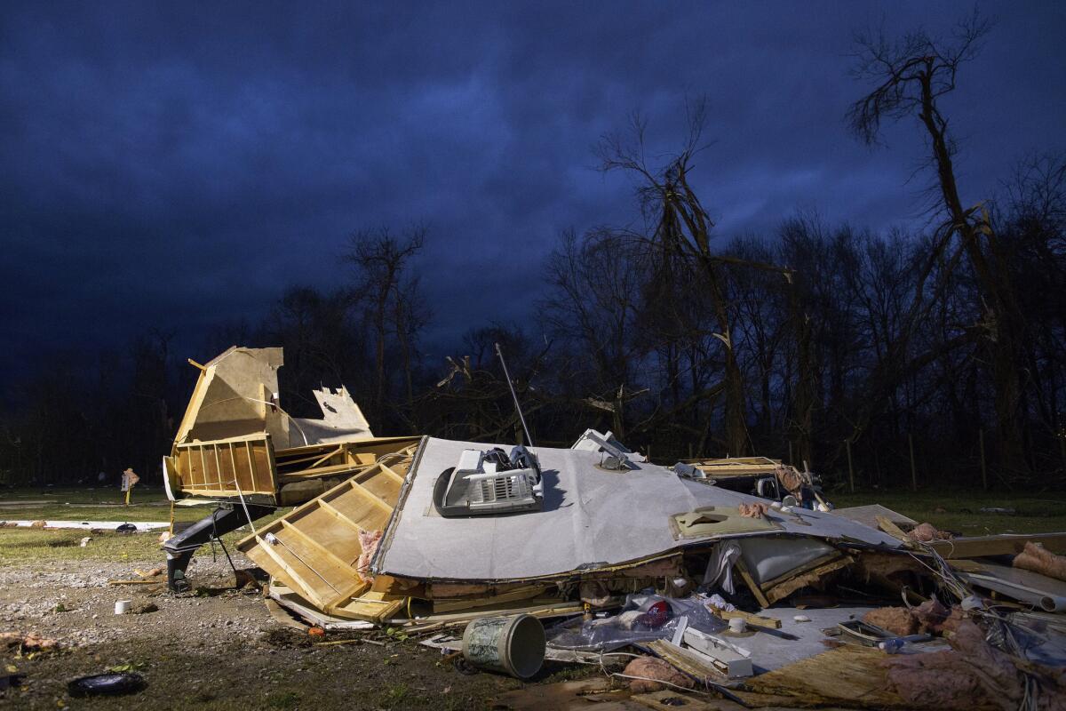 Wreckage of the Sugar Hill RV Park is scattered following a storm in Convent, La..