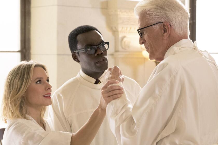 THE GOOD PLACE -- "The Trolley Problem" Episode 206 -- (L-R) - Kristen Bell as Eleanor, William Jackson Harper as Chidi and Ted Danson as Michael in a scene from "The Good Place." Credit: Colleen Hayes/NBC