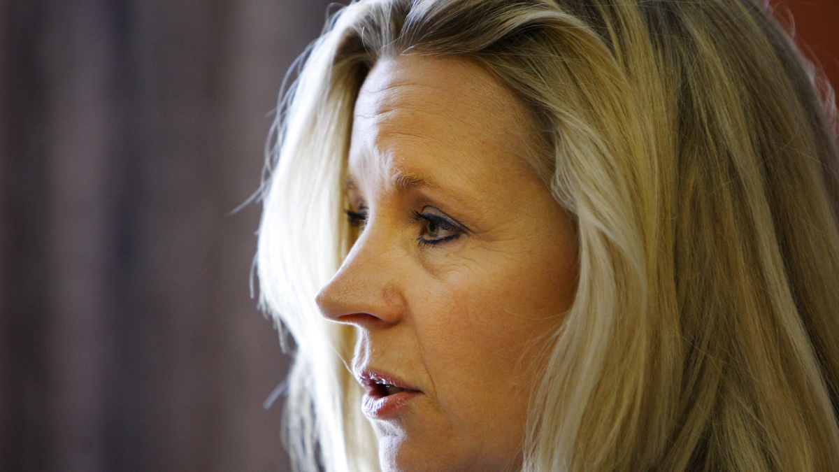 Liz Cheney, daughter of former Vice President Dick Cheney, talks to the press in Casper, Wyo.