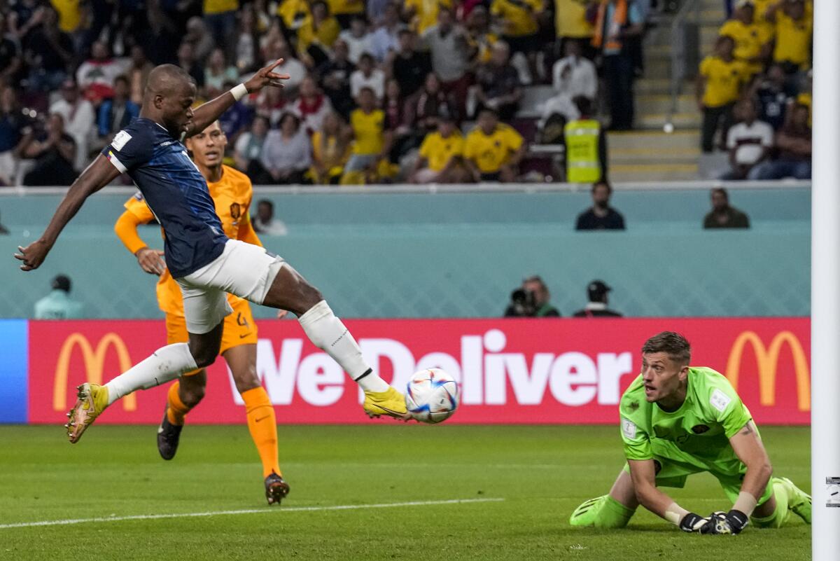 Ecuador's Enner Valencia scores his side's first goal during the Netherlands-Ecuador match.