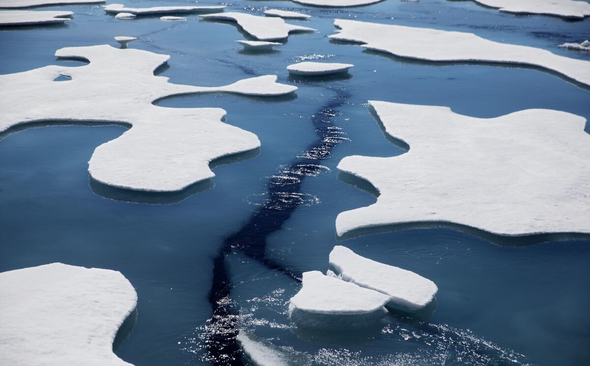 Sea ice breaks apart as a Finnish icebreaker traverses through the Canadian Arctic Archipelago in 2017.