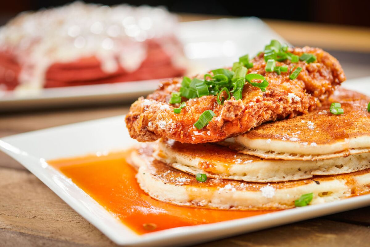 Instead of chicken and waffles, Toast Gastrobrunch serves up chicken and buttermilk pancakes.