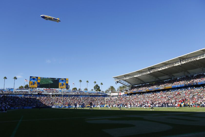 The Goodyear Blimp flies over the Dignity Health Care Sports Park as the Los Angeles Chargers play the Houston Texans in Carson on Sept. 22, 2019.