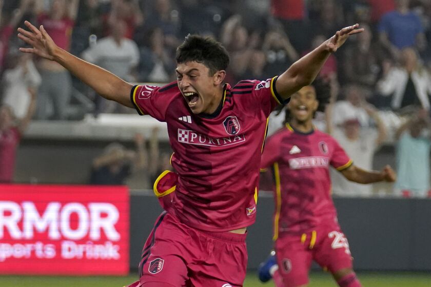 St. Louis City's Miguel Perez celebrates after scoring during the second half of an MLS soccer against the Vancouver Whitecaps match Saturday, May 27, 2023, in St. Louis. (AP Photo/Jeff Roberson)