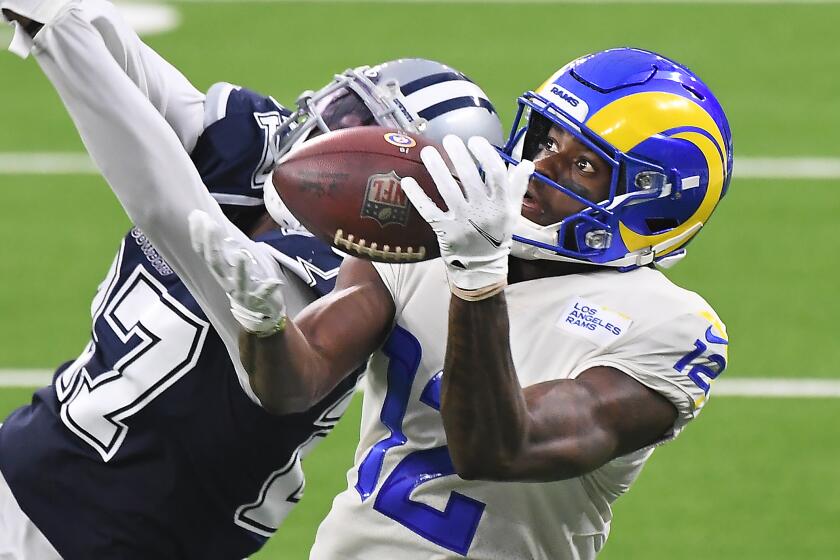 INGLEWOOD, CALIFORNIA SEPTEMBER 13, 2020-Rams receiver Van Jefferson Jr. makes a catch.