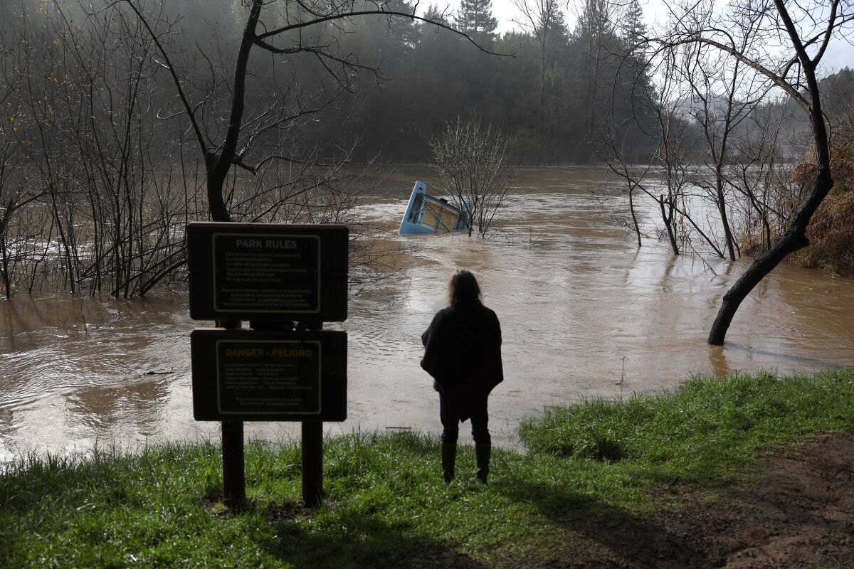 A person standing on a cresting riverbank observes a boat that is partially submerged in muddy water.