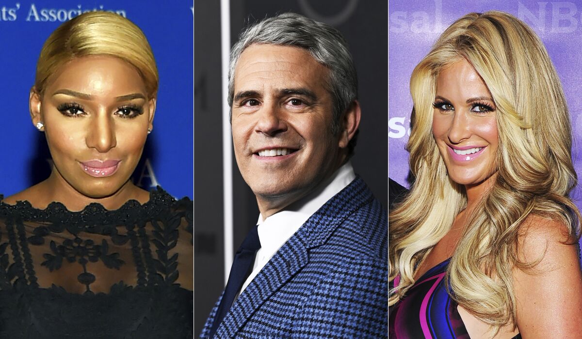 NeNe Leakes appears at the White House Correspondents' Association Dinner in Washington on April 30, 2016, left, Andy Cohen appears the premiere of "House of Gucci" in New York on Nov. 16, 2021, center, and Kim Zolciak Biermann appears at the 2012 NBC Universal Press Day in Pasadena, Calif., on April 18, 2012. Leakes has sued the companies behind "The Real Housewives of Atlanta” on Wednesday, alleging that they fostered and tolerated a hostile and racist work environment. The lawsuit filed in federal court in Atlanta says Leakes, who is Black, complained to executives about years of racist remarks from fellow housewife Kim Zolciak-Biermann, who is white, but that only Leakes suffered consequences. It names as defendants NBCUniversal, Bravo, production companies True Entertainment and Truly Original, executives from the companies and “Housewives” executive producer Andy Cohen, but not Zolciak-Biermann. (AP Photo)